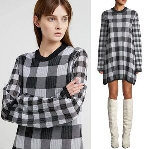 ALEXANDER MCQUEEN Gingham Heritage Plaid Knit Long Sleeve Relaxed Fit Dress XS